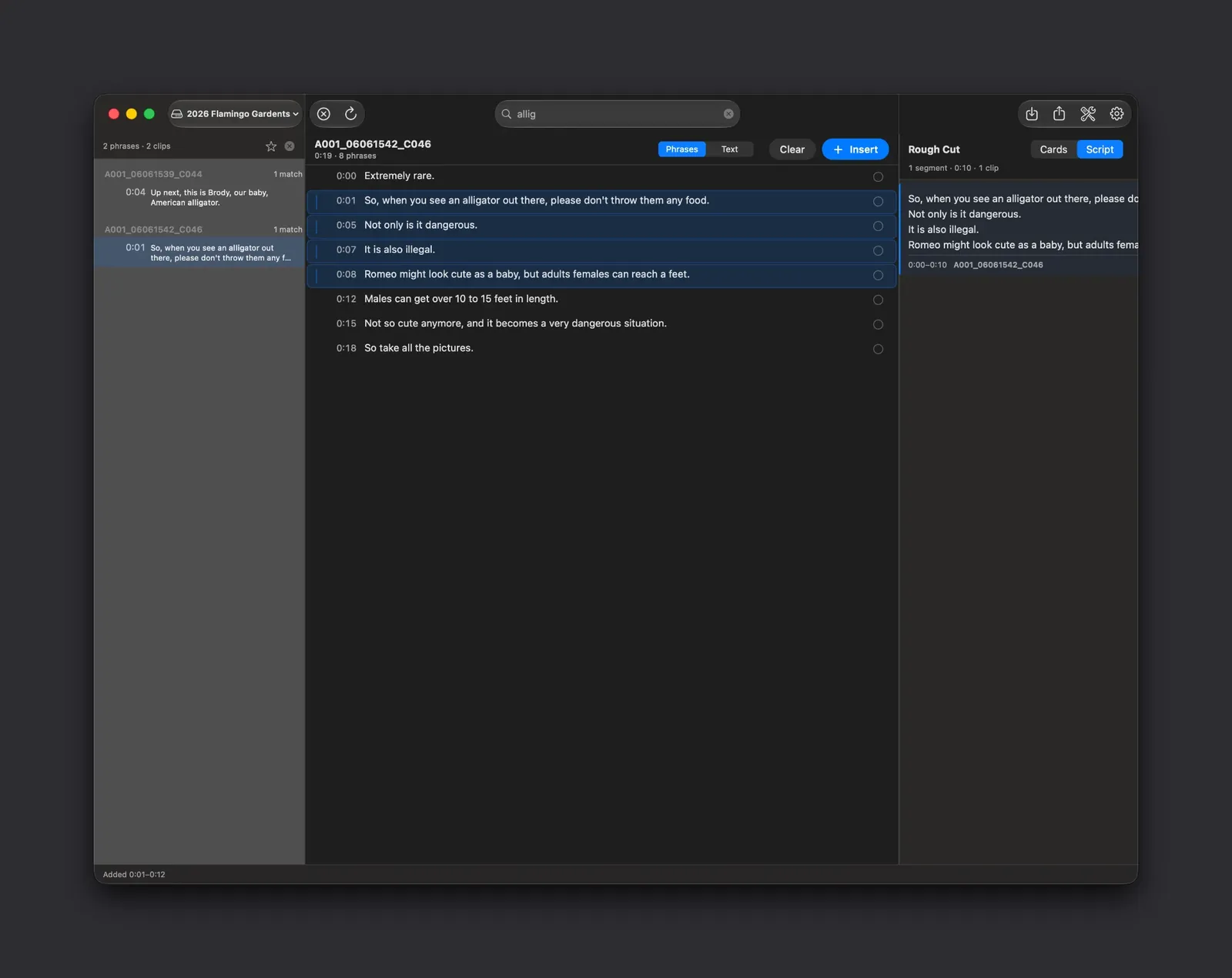 RoughCut window with the search field set to the query "allig". The left column lists two matching clips, the centre column shows the transcript of clip A001_06061542_C046 with four matching phrases highlighted, and the right column holds the resulting Rough Cut segment.