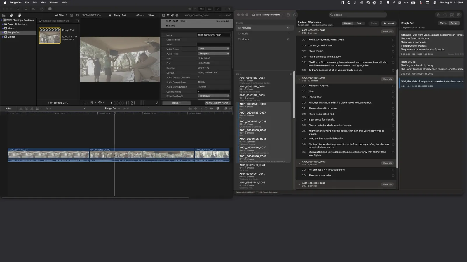 Final Cut Pro open beside the RoughCut window. The Final Cut timeline holds a project named Rough Cut with three connected clips and audio waveforms, and the RoughCut status bar reads that the Rough Cut .fcpxml was exported.