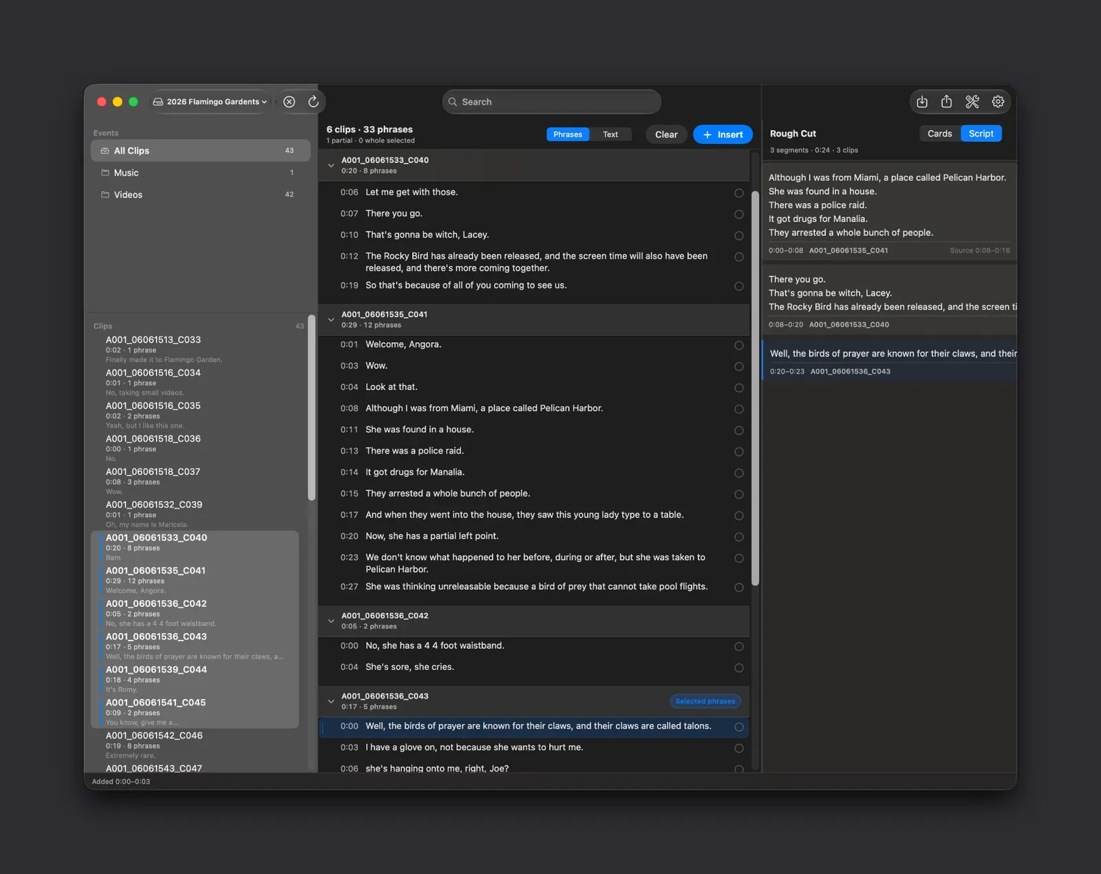 RoughCut with the Rough Cut panel switched to Script view, showing three segments as continuous paragraphs of dialogue with the source clip and timecode range printed beneath each block.