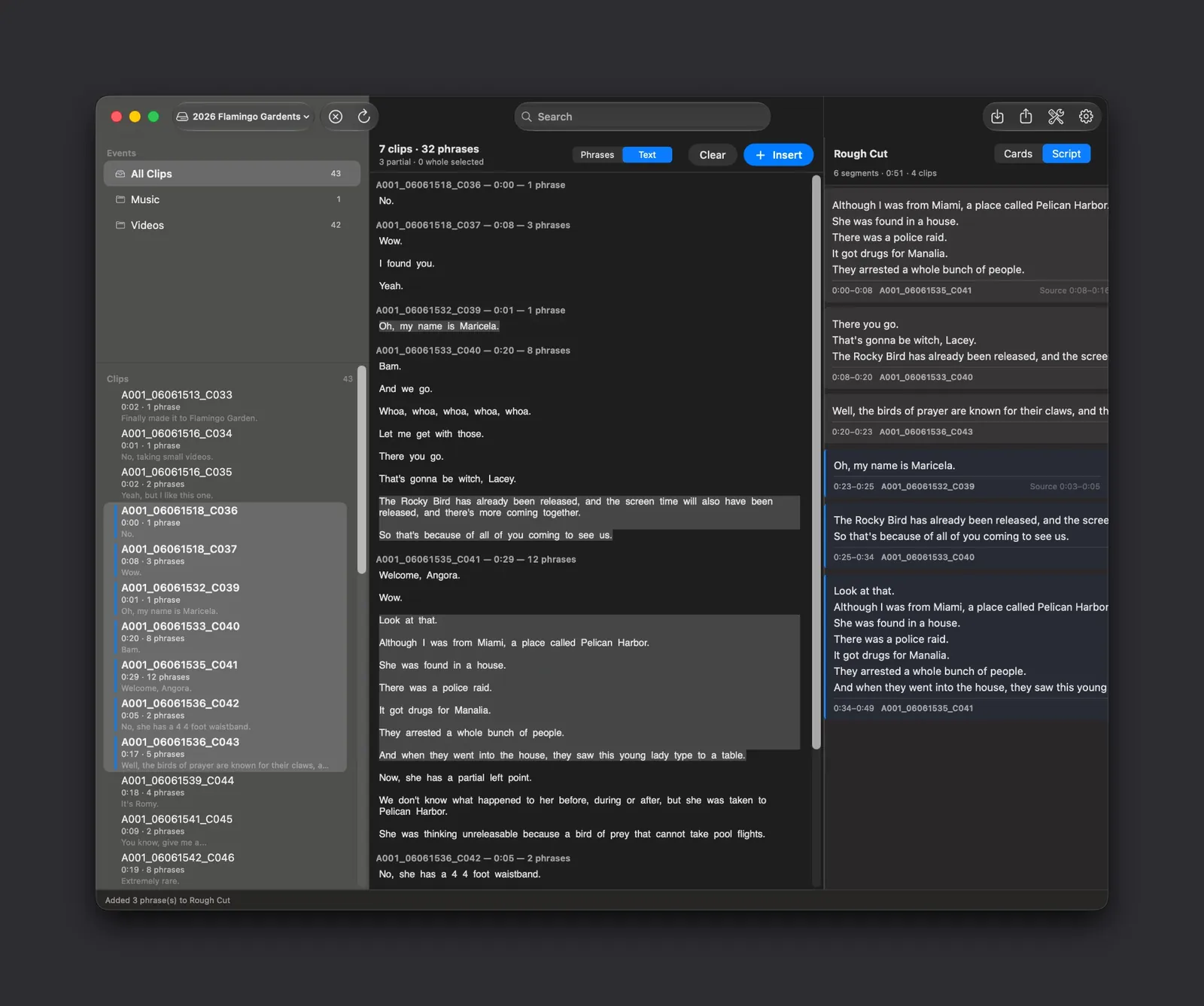 The RoughCut app on macOS: transcript text in the centre column with selected phrases collected into an ordered Rough Cut panel on the right.